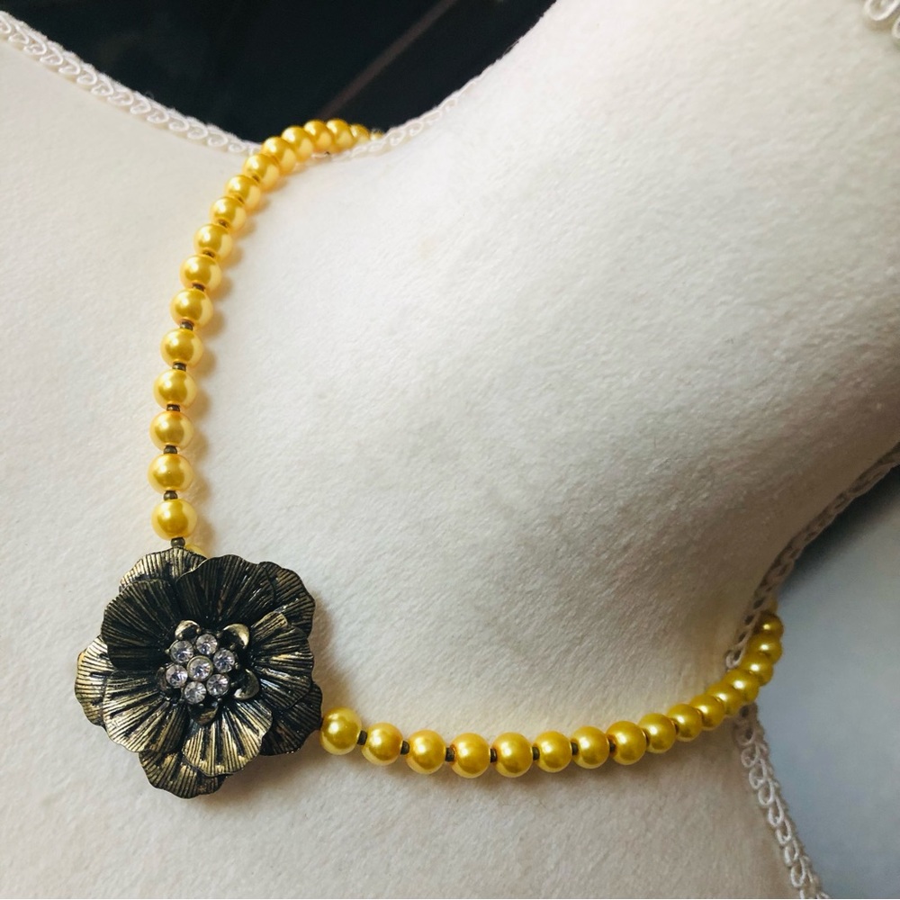 Handcrafted repurpose mellow yellow floral pendant Czech glass Pearl necklace